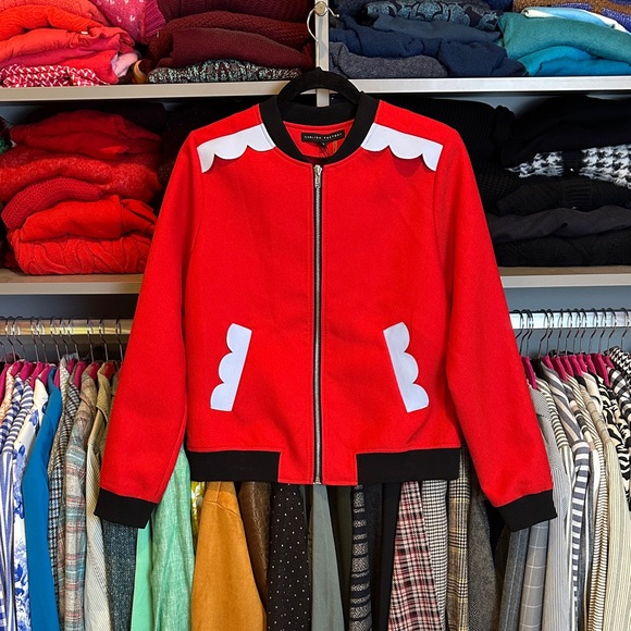 English Factory red/blue/black long sleeve front zipper bomber jacket S NWOT - Picture 1 of 3